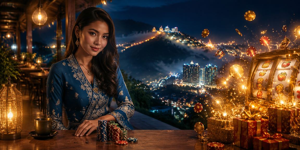 Wanita berbaju kurung bermain permainan slot di Genting Highlands dengan skrin mesin berwarna-warni
