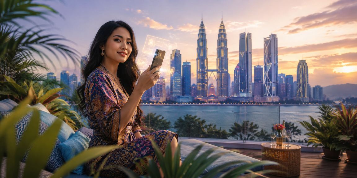 Pemain Malaysia menggunakan telefon bimbit untuk bermain kasino langsung dengan motif batik di Kuala Lumpur